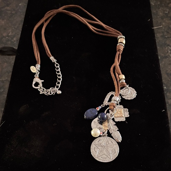 Chico's Jewelry - Chico's Brown Leather Necklace with Silver and Gold Charms